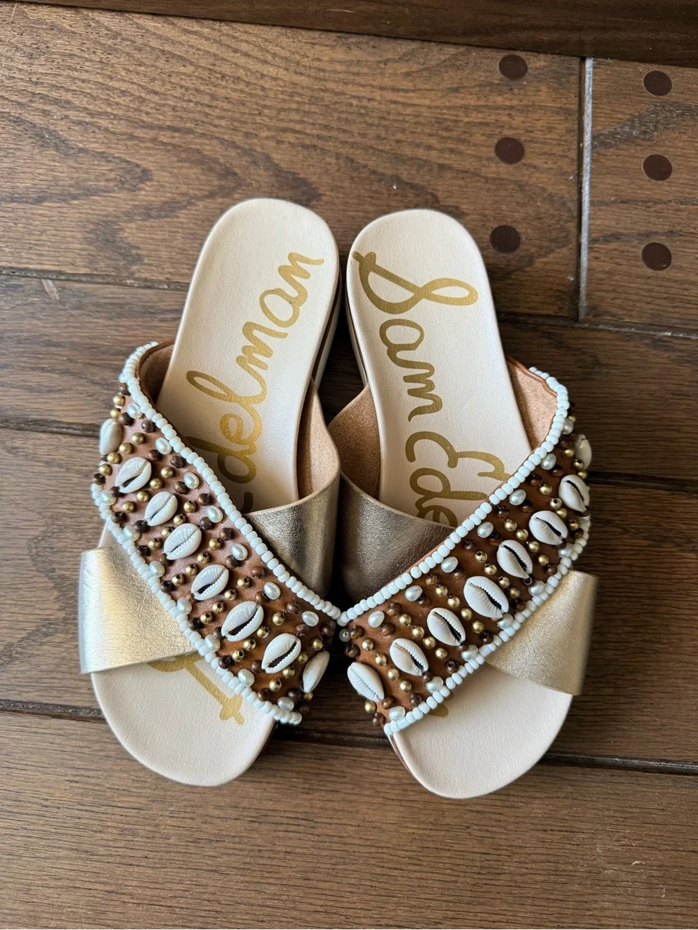 Sam Edelman Metallic Gold Beaded Cowrie Slide Sandals
